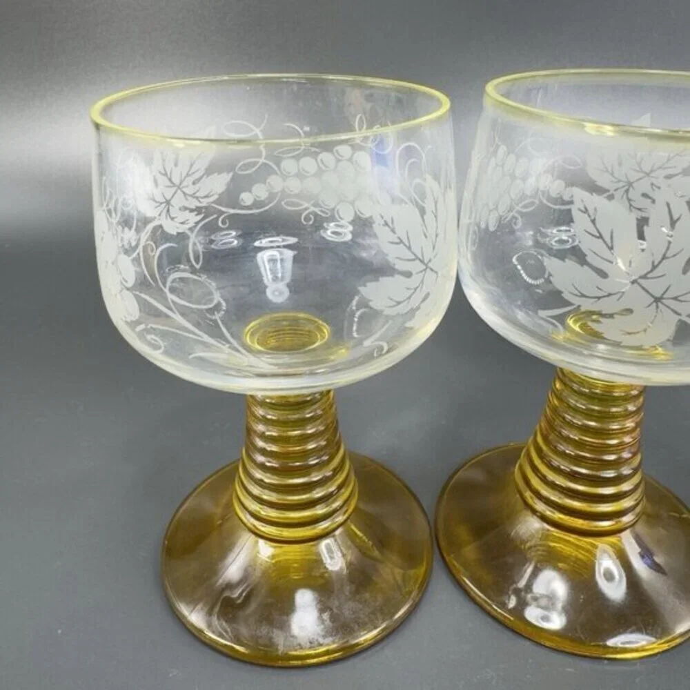 Roemer Cups Glasses Goblet Amber Beehive Stem Etched Clear Made in Germany Set 2